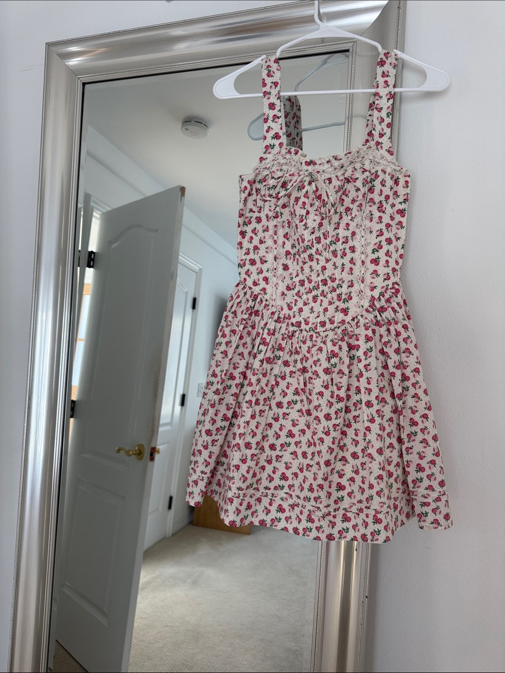 White Floral Sundress with Pink Rose Print